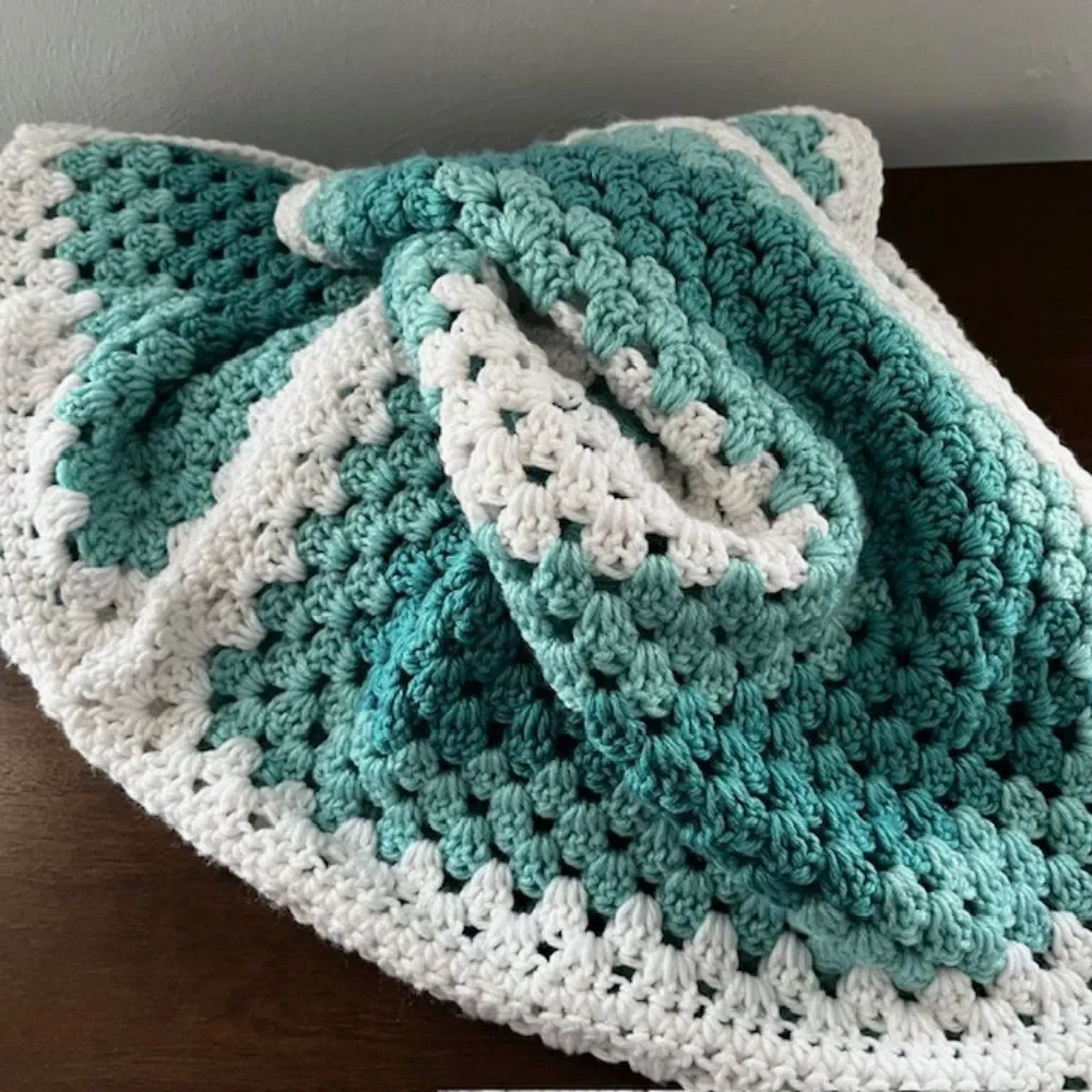 Handmade Knitted Blanket Throw Aqua Teal Blue White